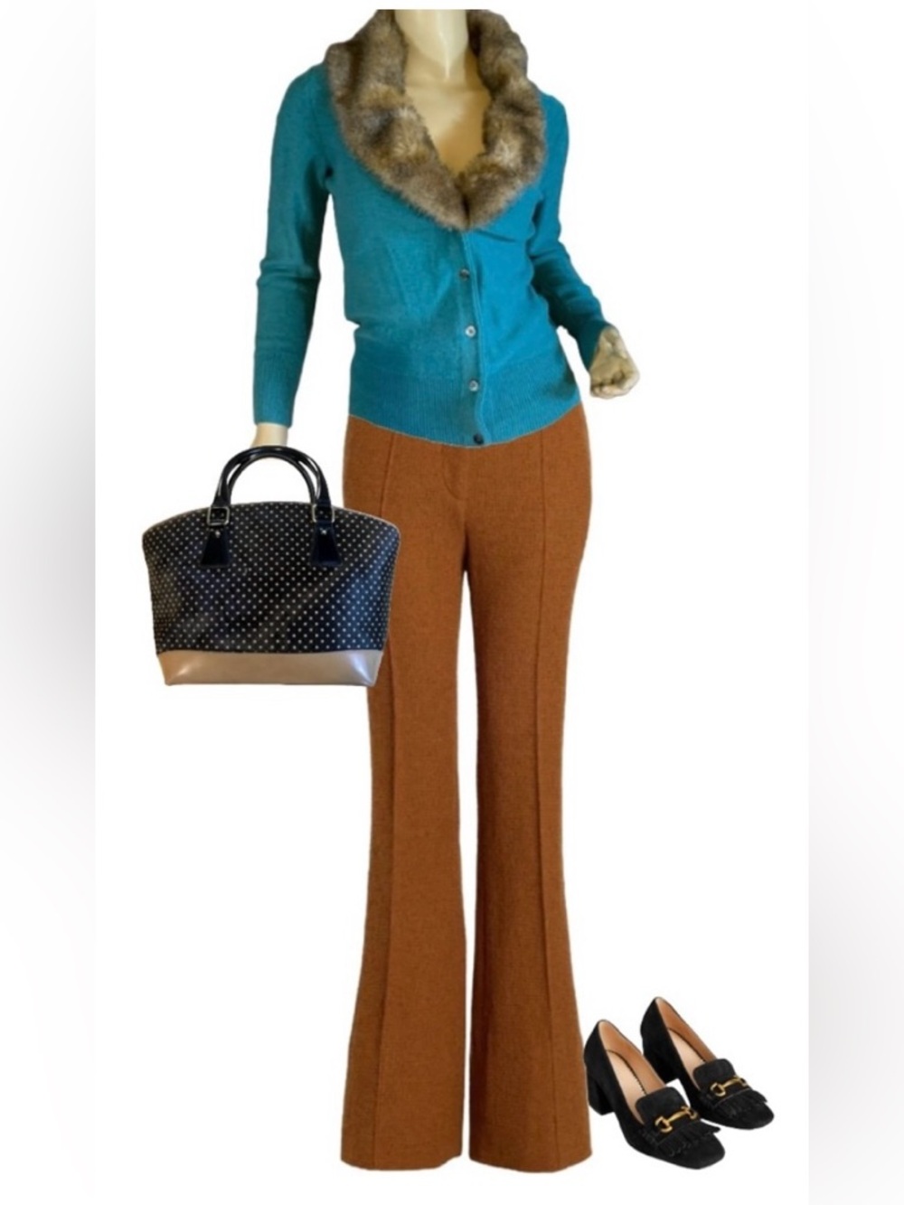 CABI TEA ROOM TEAL KNIT W/BROWN FAUX FUR DETACHABLE COLLAR CARDIGAN SWEATER (XS)
